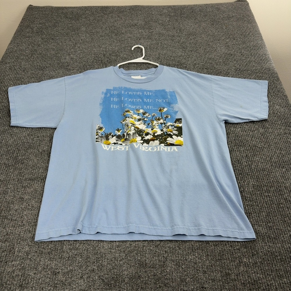 West Virginia Bayside T Shirt Mens 2XL Blue Cotton Daisy Floral Graphic Souvenir